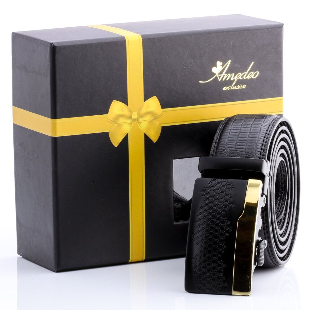 Amedeo Exclusive Gold & Black Automatic Ratchet Belt No Holes needed perfect fit